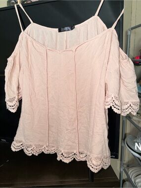 Cure Blush Pink Cold-Shoulder Lace Trim Women’s Top